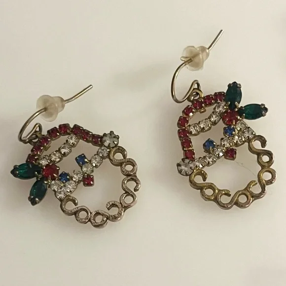 Holiday Christmas Vintage Santa Clause Stocking Gem Rhinestone Earrings - Picture 5 of 16